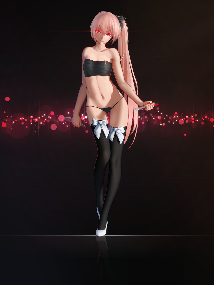 absurdres black_legwear boxcutter breasts glass_shards highres long_hair long_legs maredoro navel original panties pink_hair red_eyes sarashi side_ponytail small_breasts smile solo thigh_gap thighhighs torn_clothes torn_panties underwear very_long_hair