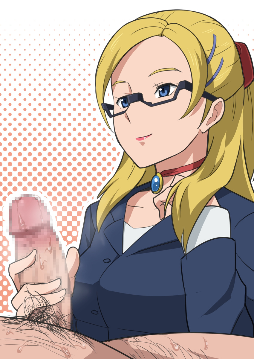 1girl baker_(gundam_bf) blonde_hair blue_eyes breasts censored formal glasses gundam gundam_build_fighters hair_ornament hairclip handjob highres kamishakujii_(poppenheim) long_hair looking_up lying medium_breasts penis pubic_hair simple_background smile suit sweat