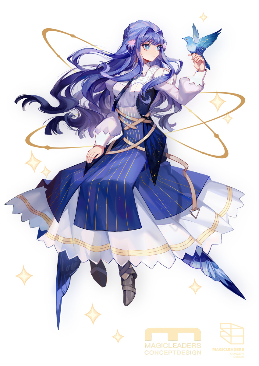 1girl absurdres arknights astesia_(arknights) bird bird_on_hand bird_tail blue_hair bright_pupils floating full_body gold_trim hand_on_legs highres long_hair longyu orbit puffy_sleeves shirt skirt solo star_(symbol) starry_sky_print tail white_pupils white_shirt white_skirt