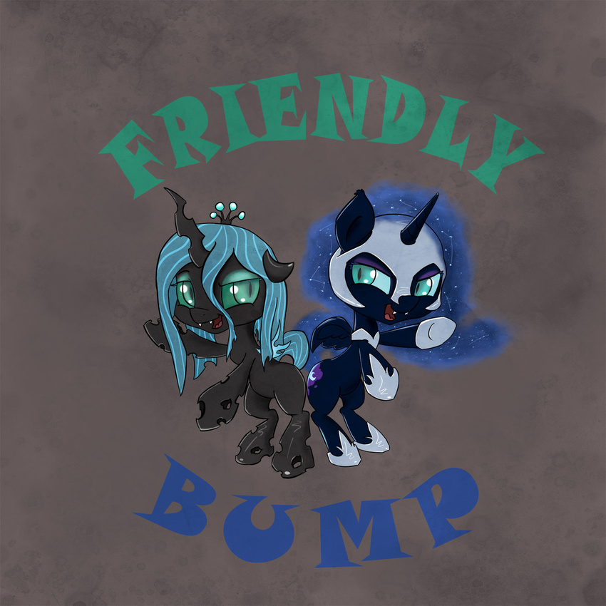 changeling cute duo english_text equine fangs female feral friendship_is_magic half-closed_eyes hi_res horn horse lunoley mammal my_little_pony nightmare_moon_(mlp) open_mouth pony queen_chrysalis_(mlp) slit_pupils text winged_unicorn wings