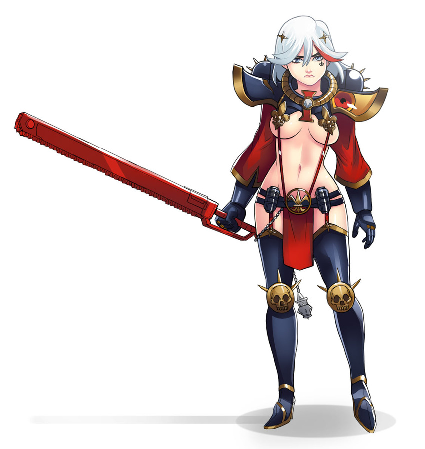 adepta_sororitas alternate_hair_color blue_eyes boots breasts chainsword facial_tattoo gauntlets greenmarine hair_ornament hairclip highlights highres kamui_(kill_la_kill) kill_la_kill knee_pads large_breasts living_clothes matoi_ryuuko midriff multicolored_hair navel parody red_hair revealing_clothes short_hair solo tattoo thigh_boots thighhighs two-tone_hair underboob warhammer_40k weapon white_background white_hair