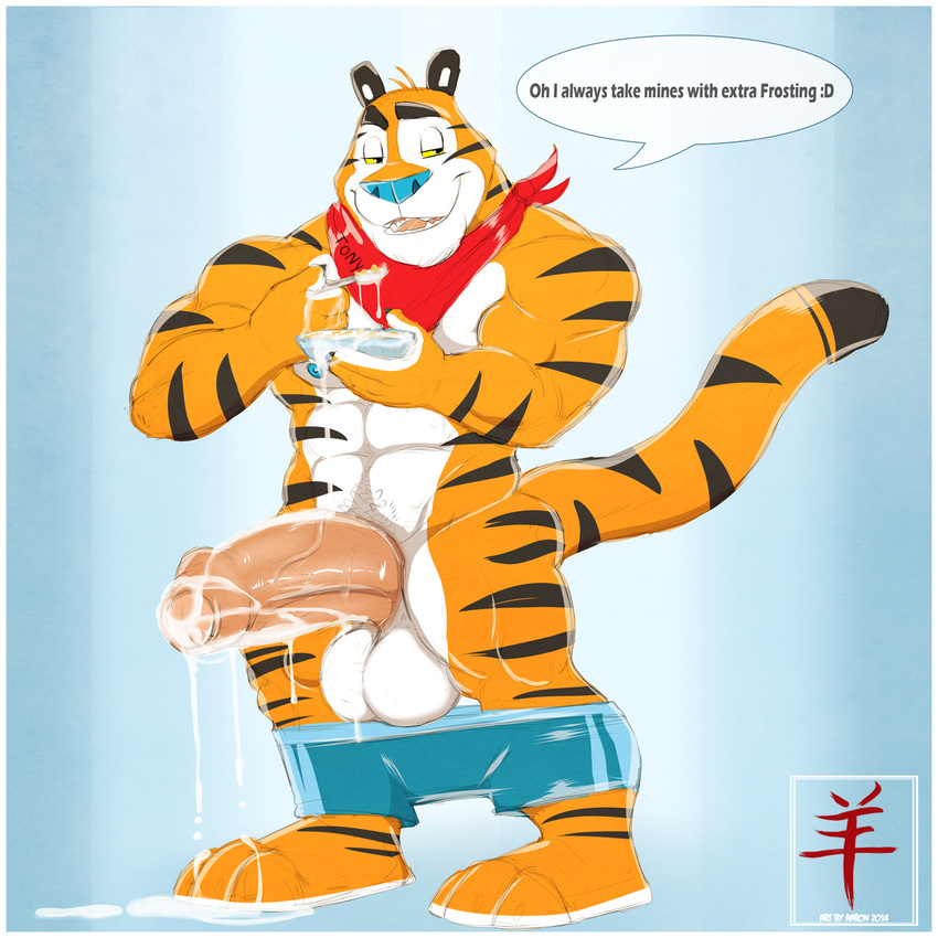 aaron_(artist) abs anthro balls barefoot biceps big_balls big_muscles big_penis cereal clothed clothing cum cum_on_penis cum_string dialog english_text erection feline frosted_flakes fur happy huge_balls kellogg's kellogg's male mammal mascot muscles nude orgasm penis plain_background sharp_teeth shorts smile solo teeth text thick_penis tiger tongue tony_the_tiger uncut vein veiny_penis
