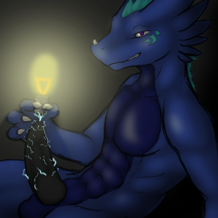 anthro arm_support biceps black_penis blue_scales body_markings dragon electricity erection glowing knot light_bulb looking_at_viewer male markings muscles pecs penis purple_eyes scalie solo tenecayr tenecayr_(artist)