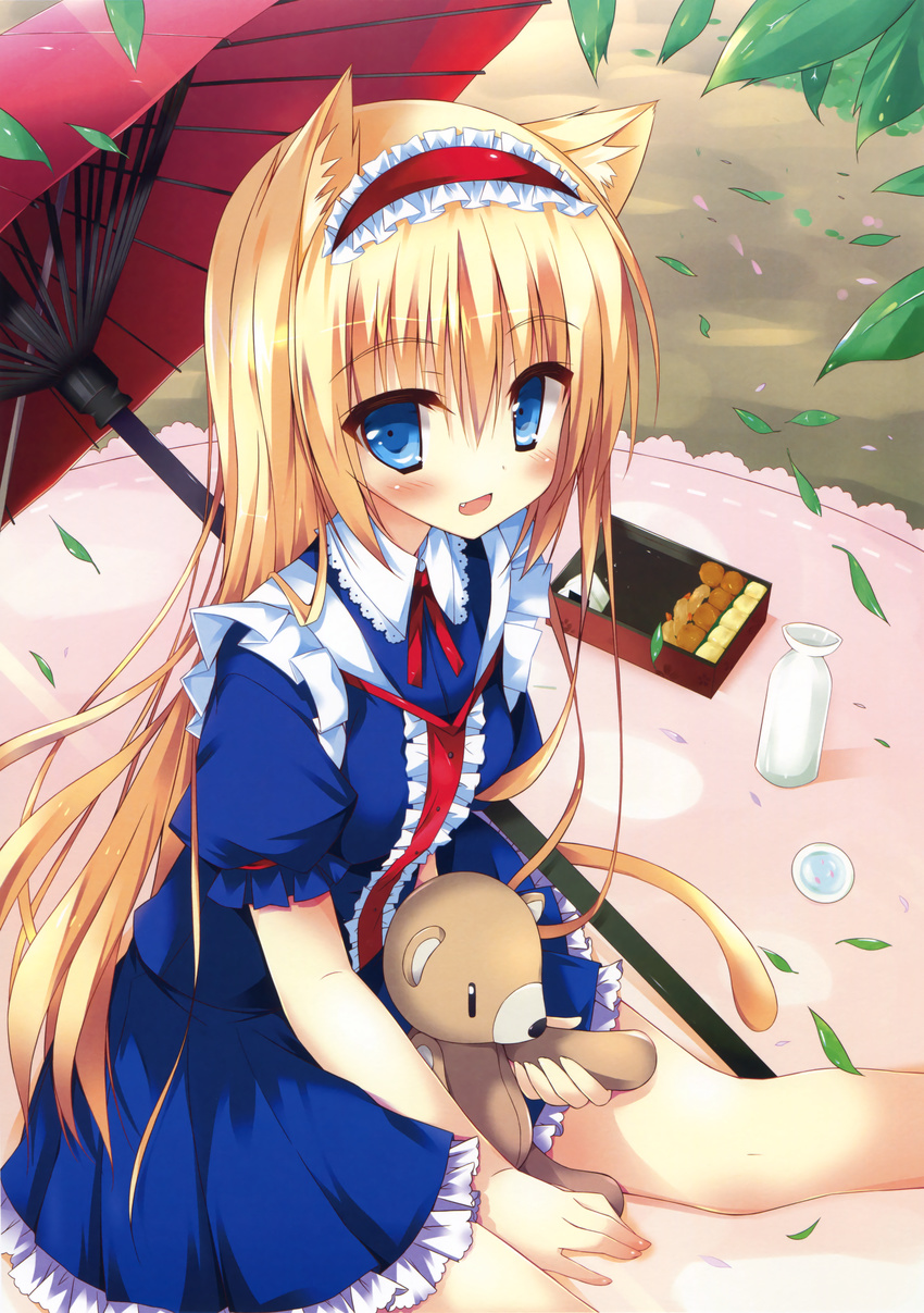 absurdres alice_margatroid alternate_hair_length alternate_hairstyle animal_ears blonde_hair blue_eyes blush bottle box cat_ears cat_tail dress fang food highres huei_nazuki kemonomimi_mode lolita_fashion long_hair looking_at_viewer non-web_source sitting solo stuffed_animal stuffed_toy sushi tail teddy_bear touhou umbrella