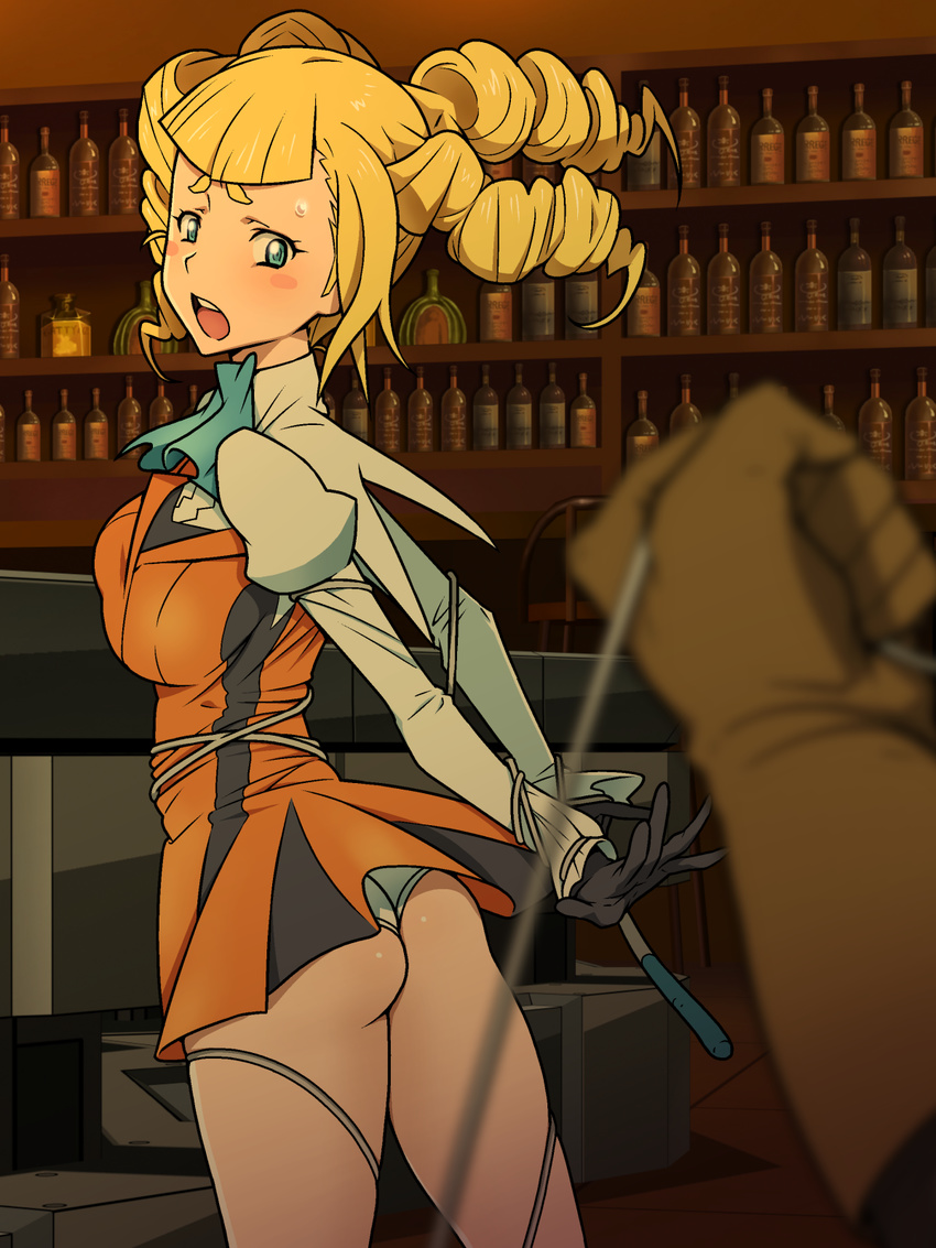 1girl arms_behind_back ass blonde_hair blue_eyes blush bottle breasts drill_hair gloves gundam gundam_build_fighters highres ice_place legs long_hair looking_back medium_breasts open_mouth panties pantyshot skirt standing sweatdrop thighs tied_up underwear upskirt yajima_caroline