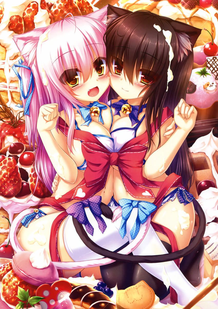 :d absurdres animal_ears bell black_hair blue_bow blueberry blush bow breast_press breasts cat_ears cat_tail cheek-to-cheek cherry choker cleavage closed_mouth food food_on_body food_on_head fruit heart_tail_duo highres icing jingle_bell long_hair looking_at_viewer macaron medium_breasts mia_flatpaddy multiple_girls non-web_source object_on_head open_mouth original paw_pose pink_hair purple_bow red_bow red_eyes ribbon_choker shia_flatpaddy smile strawberry sweets syroh tail tail_bow teeth thighhighs two_side_up waffle white_legwear yellow_eyes yuri