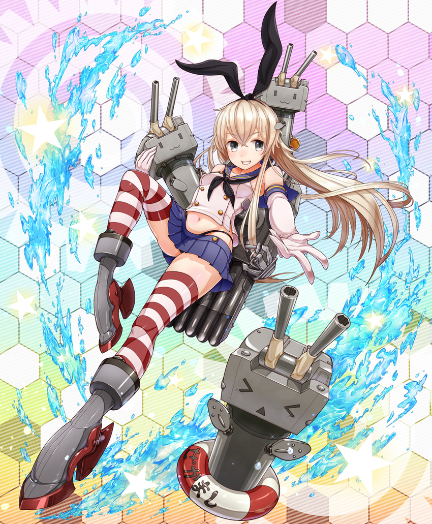 &gt;_&lt; :3 bare_shoulders blonde_hair boots bow closed_eyes elbow_gloves gloves grey_footwear grin hair_bow hairband highres kantai_collection lifebuoy long_hair looking_at_viewer machinery midriff navel neckerchief outstretched_arms outstretched_hand pleated_skirt rensouhou-chan revision shimakaze_(kantai_collection) skirt smile solo splashing striped striped_legwear thighhighs toshi_gahara triangle_mouth water |_|