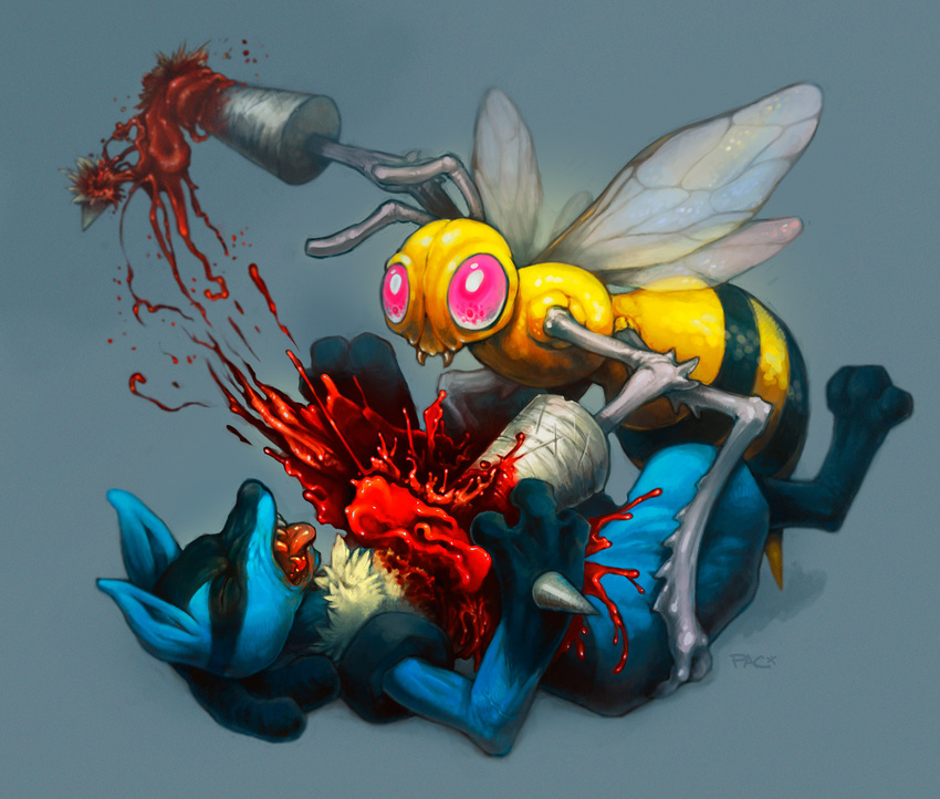 antennae arthropod bee beedrill blood canine death duo eyes_closed gore grotesque insect jackal kill lucario lying mammal nintendo on_back open_mouth pac pincers plain_background pok&#233;mon pok&eacute;mon realistic red_eyes stab stripes the_truth tongue tongue_out video_games wings