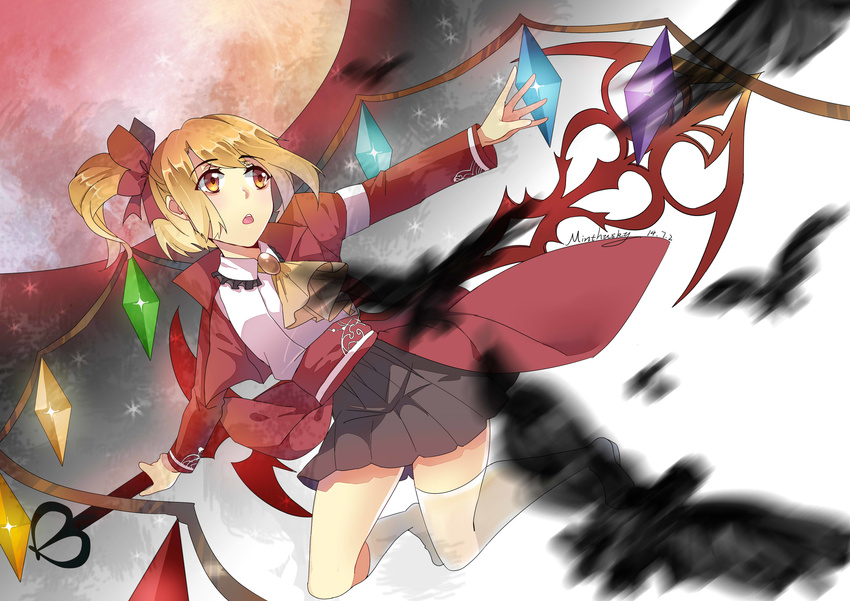 absurdres alternate_costume armband artist_name ascot bird blonde_hair brooch dated dress_shirt flandre_scarlet flying full_moon highres jacket jewelry kneehighs laevatein legs_folded long_sleeves minthusky mismatched_legwear moon motion_blur no_hat no_headwear no_shoes open_clothes open_jacket open_mouth outstretched_hand red_eyes red_moon sash shirt short_hair side_ponytail skirt sky solo star_(sky) starry_sky thighhighs touhou white_legwear