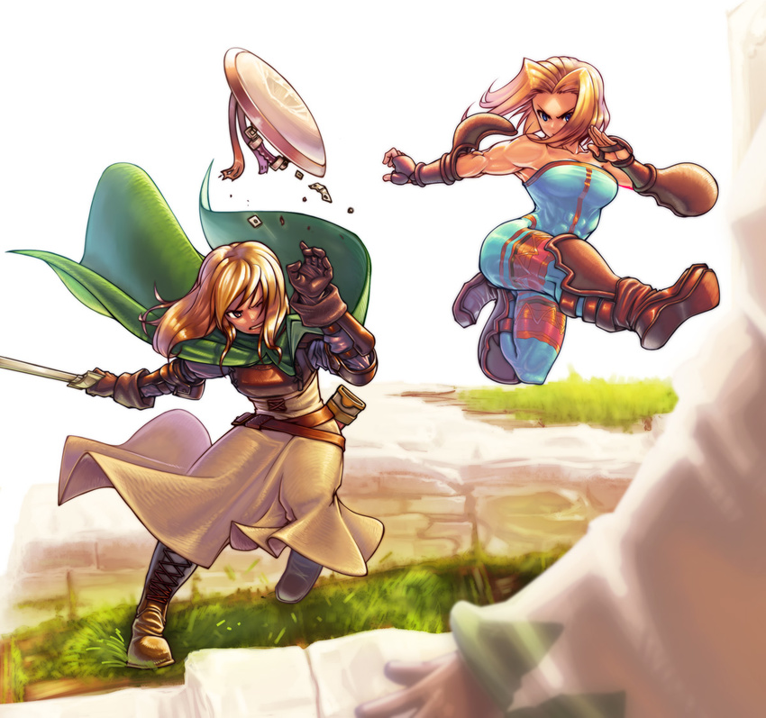 abs armor bare_shoulders battle blonde_hair blue_eyes boots breastplate breasts cross-laced_footwear dress elbow_pads final_fantasy final_fantasy_tactics fingerless_gloves gloves greaves kicking lace-up_boots large_breasts long_dress milleuda_folles momigara_(mmgrkmnk) monk_(fft) multiple_girls muscle shield short_hair skin_tight sword unitard weapon white_mage white_mage_(fft)