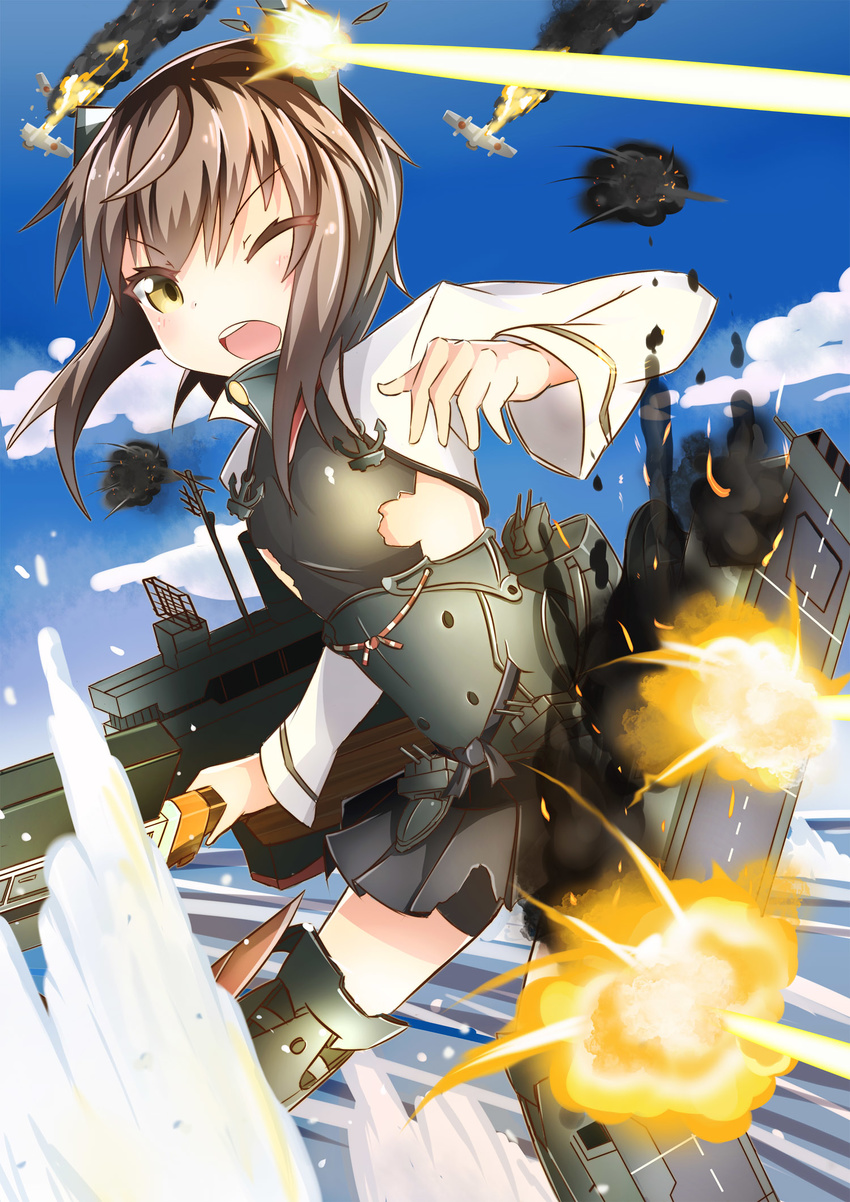 aircraft airplane anchor battle bike_shorts brown_hair explosion highres kantai_collection machinery one_eye_closed open_mouth radar short_hair skirt smoke solo sylphine taihou_(kantai_collection) torn_clothes water yellow_eyes