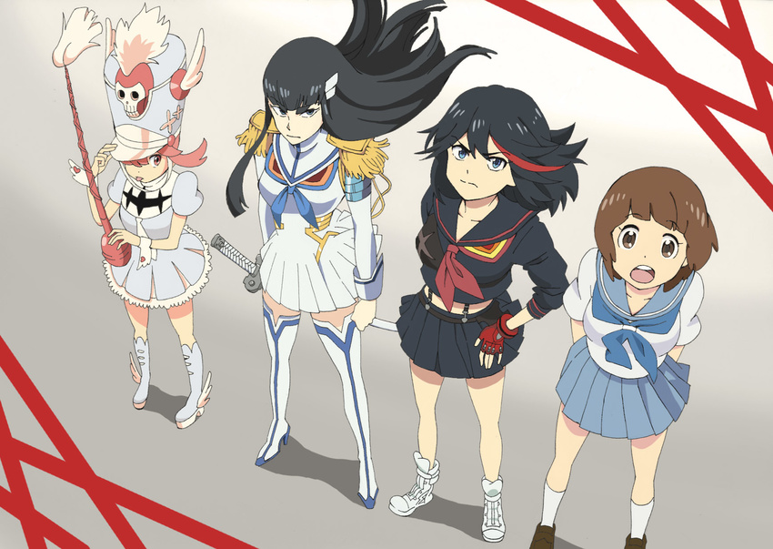 baton black_hair blue_eyes boots brown_eyes brown_hair dress epaulettes hair_ornament hairclip hat highres jakuzure_nonon junketsu kill_la_kill kiryuuin_satsuki komenuka long_hair mankanshoku_mako matoi_ryuuko midriff multicolored_hair multiple_girls pink_eyes pink_hair pleated_skirt school_uniform senketsu serafuku shako_cap shoes short_hair skirt sneakers streaked_hair suspenders sword tongue tongue_out uniform weapon winged_hat winged_shoes wings wrist_cuffs