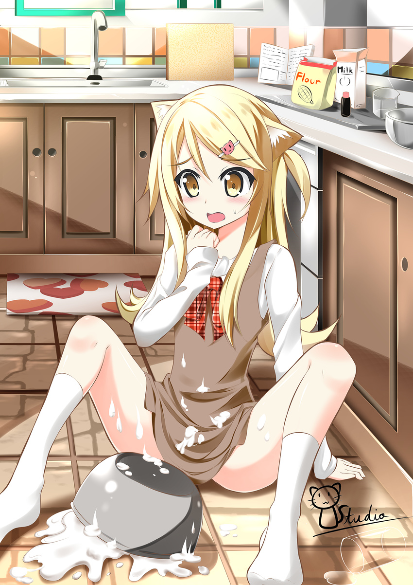 animal_ears blonde_hair cat_ears catstudioinc_(punepuni) duplicate fang hair_ornament hairclip highres kitchen md5_mismatch original recipe_(object) sexually_suggestive signature socks whipped_cream yellow_eyes