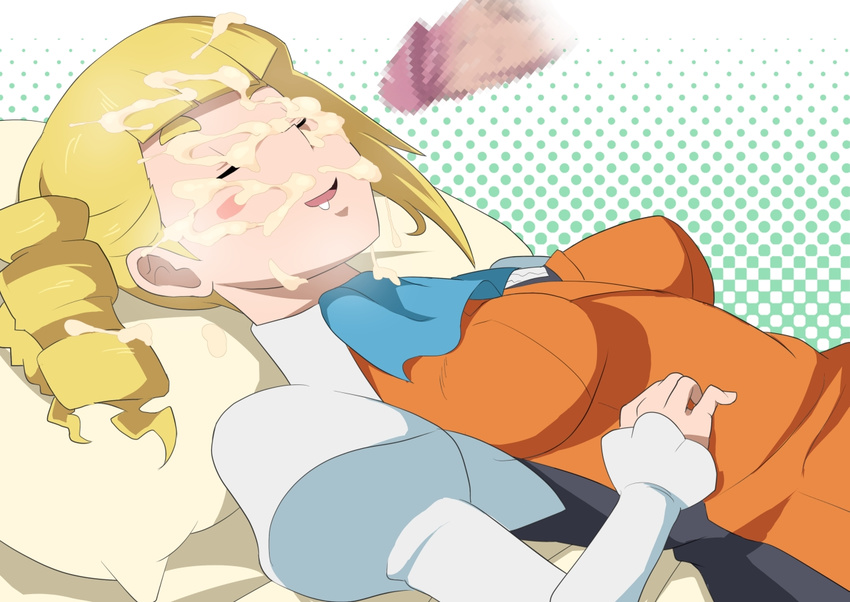 1girl bed blonde_hair blush breasts censored cum cum_on_hair drill_hair drooling eyes_closed facial gundam gundam_build_fighters highres kamishakujii_(poppenheim) long_hair lying medium_breasts penis pillow simple_background sleep_molestation sleeping smile yajima_caroline