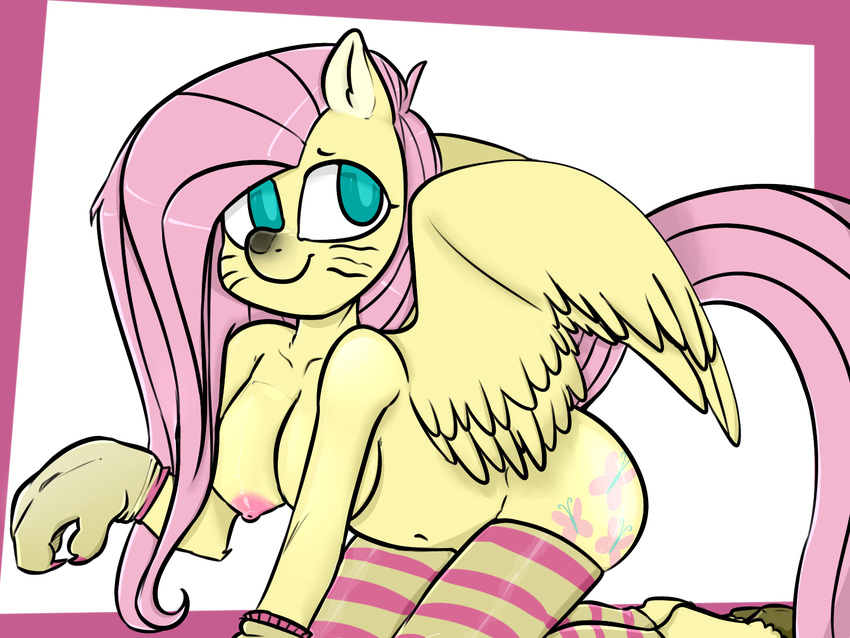 breasts citroncru claws cutie_mark equine face_paint feathers female fluttershy_(mlp) friendship_is_magic fur gloves hair hi_res hooves horse kneeling legwear long_hair looking_at_viewer mammal my_little_pony navel nipples pegasus pink_hair pony presenting smile solo stockings teal_eyes whiskers wings yellow_fur