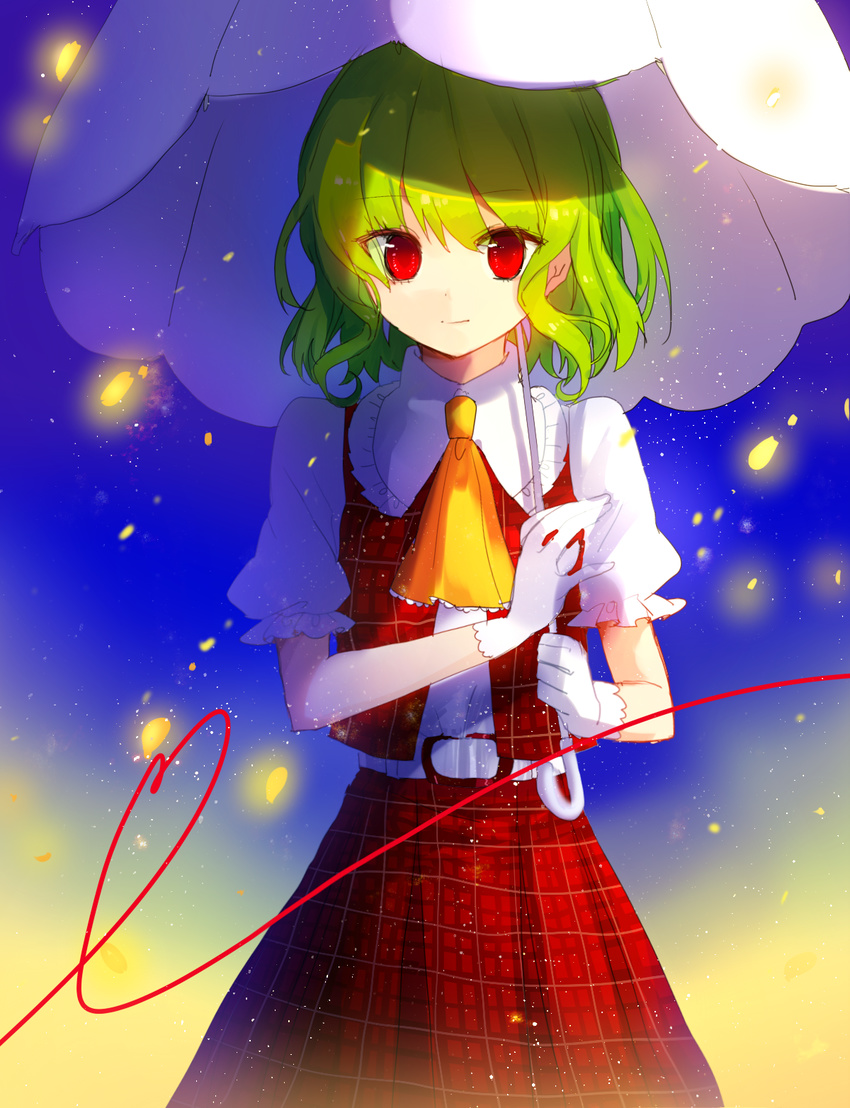 ascot banned_artist blouse gloves green_hair highres kazami_yuuka looking_at_viewer plaid plaid_skirt puffy_short_sleeves puffy_sleeves red_eyes short_hair short_sleeves skirt smile solo standing touhou umbrella white_blouse white_gloves yusano