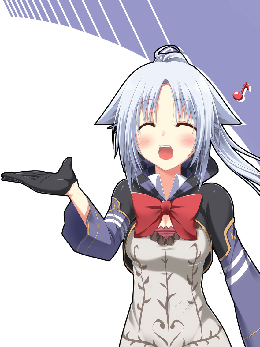 ^_^ ahoge animal_ears black_gloves blush bow cat_ears character_request cleavage_cutout closed_eyes commentary_request fez_(video_game) gloves highres long_hair musical_note open_mouth ponytail silver_hair simple_background smile solo two-tone_background yukichin