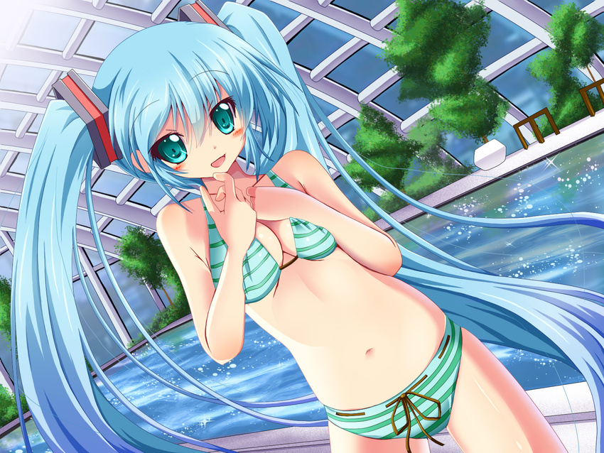 aqua_eyes bikini blue_hair blush breasts cleavage hatsune_miku long_hair photoshop rankiryuu sky swimsuit tree twintails underwear vocaloid water