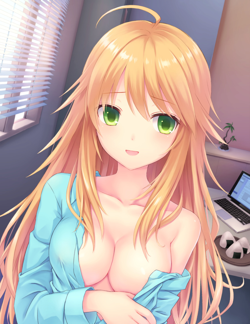 ahoge apple_inc. banned_artist blinds blonde_hair blush breasts cleavage collarbone computer dutch_angle food green_eyes highres hoshii_miki idolmaster idolmaster_(classic) laptop long_hair macintosh medium_breasts n.g. no_bra onigiri open_clothes open_mouth open_shirt shirt smile solo tray undressing upper_body window