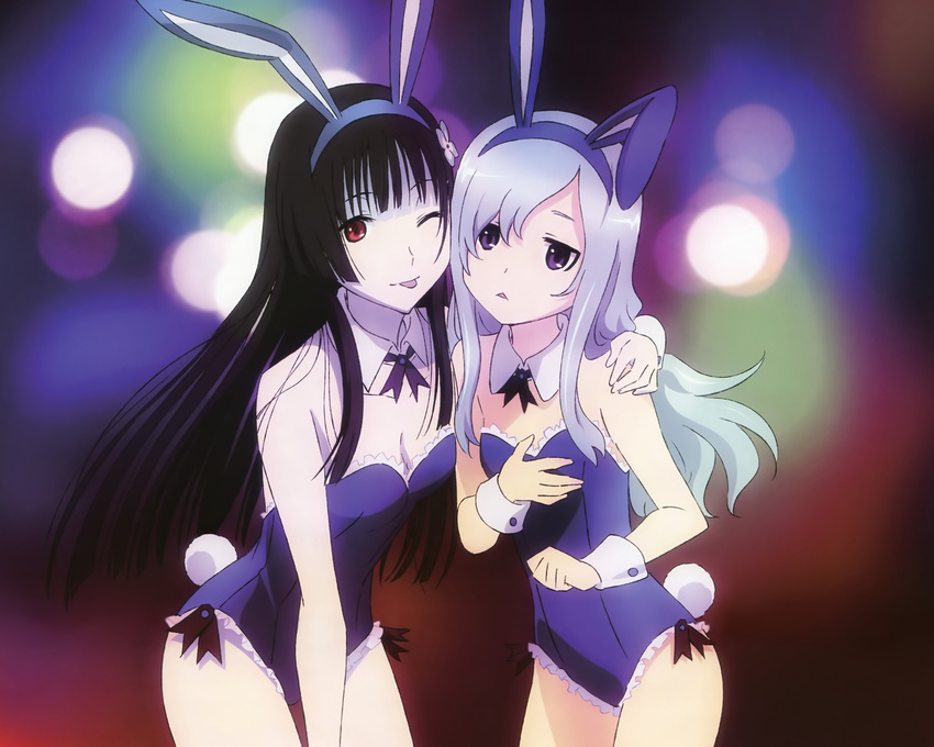 2girls animal_ears breasts bunny_ears bunnygirl cleavage furuya_mero long_hair nyantype sanka_rea sankarea wink