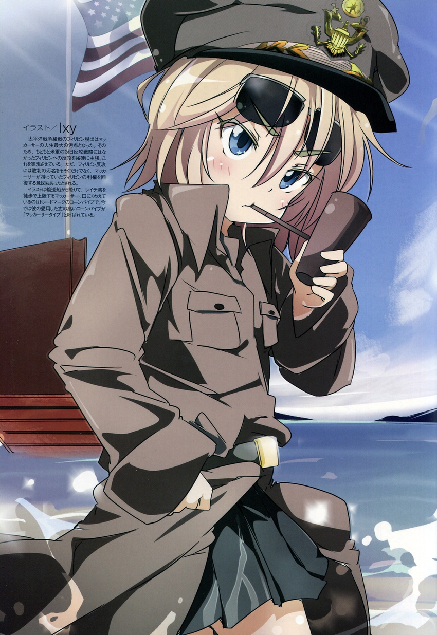 american_flag belt blonde_hair blue_eyes blue_sky blush clenched_hand coat day douglas_macarthur eyewear_on_head flag genderswap genderswap_(mtf) glasses hat highres holding holding_pipe ixy mc_axis military military_hat military_uniform non-web_source original outdoors pipe pocket real_life short_hair skirt sky solo star sunglasses text_focus translation_request uniform wading water world_war_ii