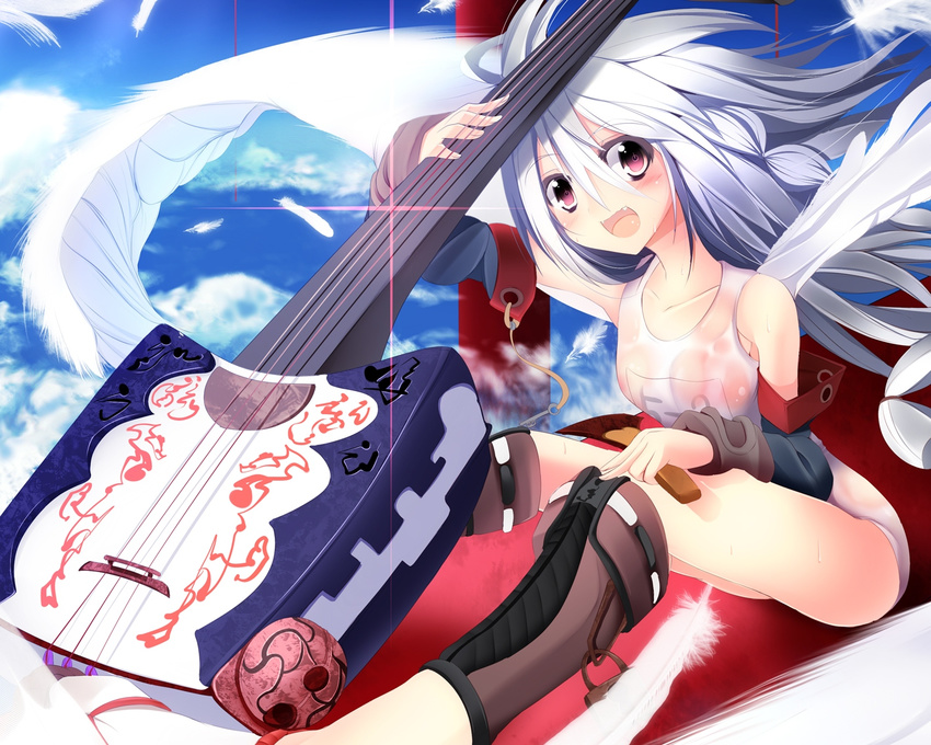 atuuy blush fang feathers gray_hair instrument long_hair original school_swimsuit see_through sky swimsuit wet wings