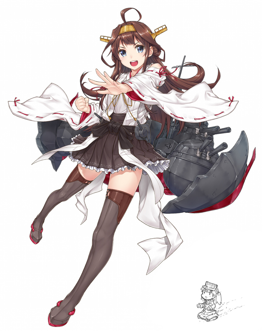 :d ahoge bare_shoulders blue_eyes boots brown_hair caterpillar_tracks chibi clenched_hand detached_sleeves double_bun frilled_skirt frills ground_vehicle hairband highres japanese_clothes kantai_collection komase_(jkp423) kongou_(kantai_collection) lace lace-trimmed_thighhighs long_hair machinery military military_vehicle motor_vehicle multiple_girls nontraditional_miko open_mouth outstretched_hand pleated_skirt ribbon-trimmed_sleeves ribbon_trim ryuujou_(kantai_collection) skirt smile tank thigh_boots thighhighs twintails v-shaped_eyebrows visor_cap white_background zettai_ryouiki