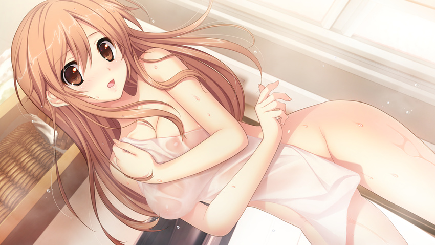 blush brown_eyes brown_hair game_cg hatsukoi_1/1 koizumi_amane long_hair morino_yukino nude towel wet