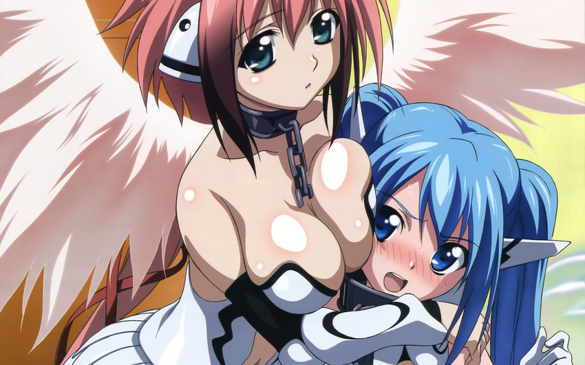 blue_eyes blue_hair blush breasts chain cleavage collar green_eyes ikaros nymph pink_hair sora_no_otoshimono twintails wings