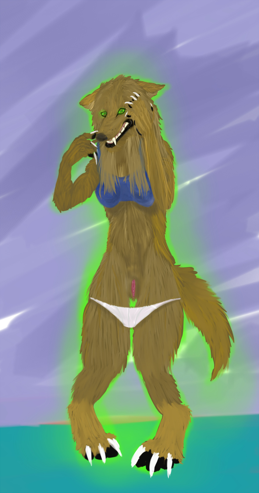black_pawpads brown_fur canine female fur glowing glowing_eyes green_eyes mammal panties panties_down partially_clothed post_transformation purple_background pussy solo standing transformation underwear were werewolf white_claws wolfpuber_(artist)