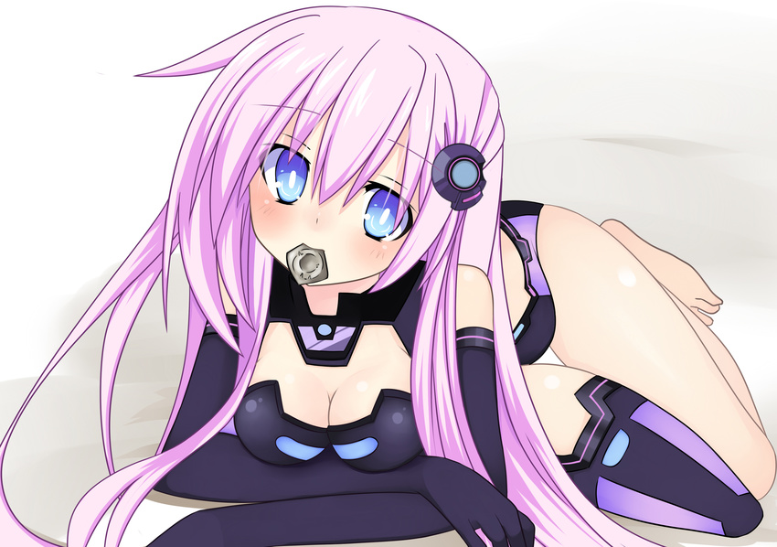 barefoot blue_eyes blush breasts cleavage condom condom_in_mouth hair_ornament highres long_hair looking_at_viewer medium_breasts meimu_(infinity) mouth_hold nepgear neptune_(series) pink_hair purple_sister symbol-shaped_pupils