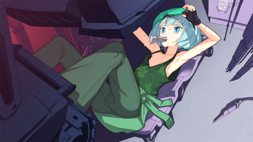 armpits blue_eyes blue_hair cable casual fingerless_gloves gloves goggles kawashiro_nitori machine mouth_hold pants short_hair solo sweat tank_top touhou two_side_up yamadori_enka