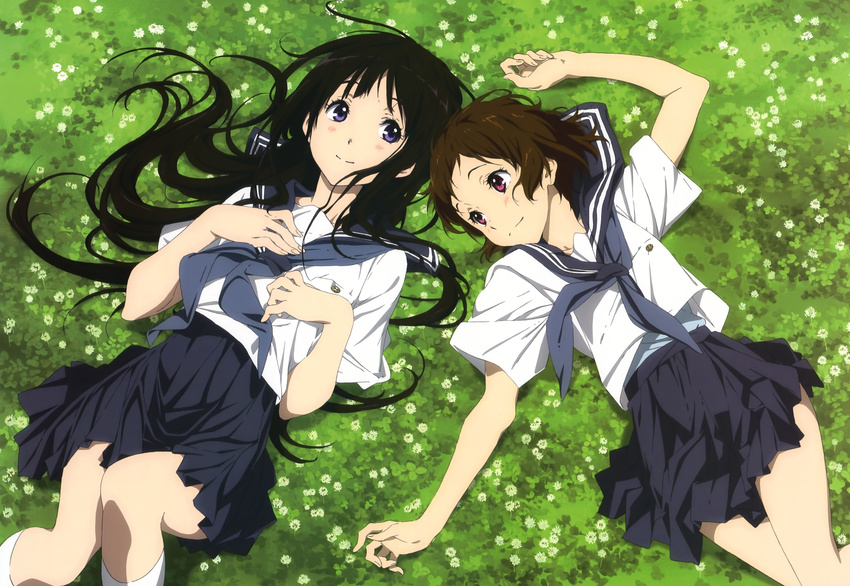 2girls black_hair brown_hair chitanda_eru grass hyouka ibara_mayaka nyantype seifuku