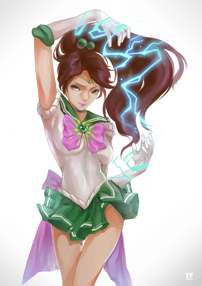 2014 arm_up artist_name back_bow bishoujo_senshi_sailor_moon bow brown_hair choker dated elbow_gloves electricity gloves green_choker green_eyes green_sailor_collar green_skirt hair_bobbles hair_ornament highres kino_makoto long_hair pink_bow pleated_skirt ponytail sailor_collar sailor_jupiter sailor_senshi_uniform sideways_glance skirt skirt_lift smirk solo super_sailor_jupiter very_long_hair white_gloves yf