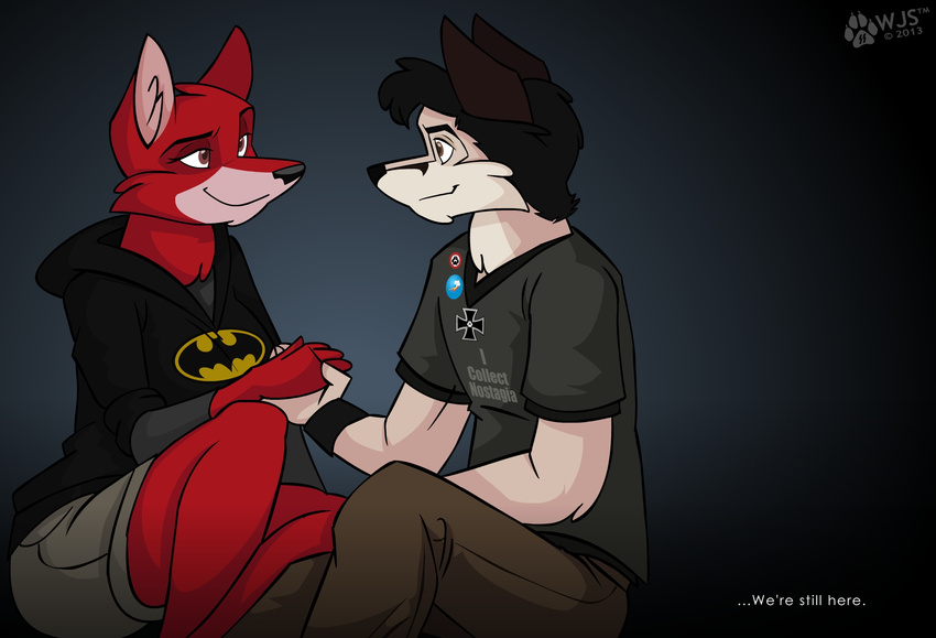 anthro bat_symbol black_background black_hair brown_eyes canine clothed clothing cross duo english_text eye_contact female friends hair hoodie male mammal pin plain_background sitting text wolf wolfjedisamuel wristband