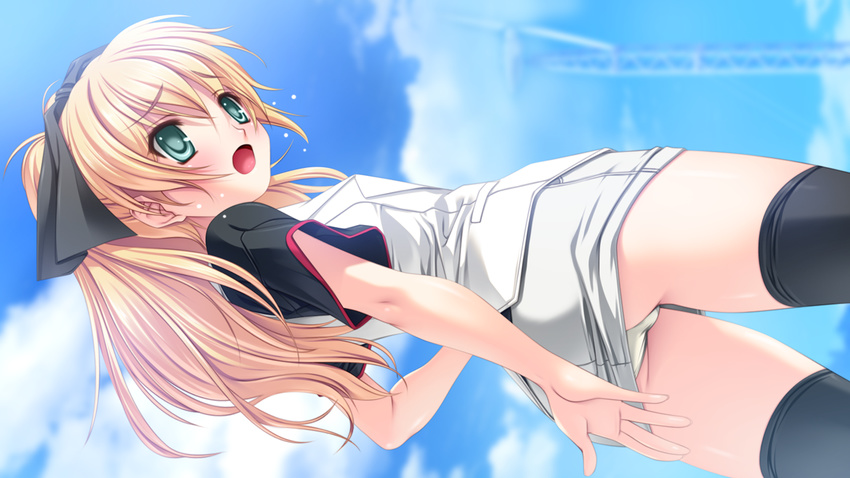 1girl black_legwear blonde_hair blush cher_erna dolphin_divers dutch_angle from_below game_cg green_eyes miniskirt outdoors panties ponytail senomoto_hisashi skirt sky solo thighhighs underwear