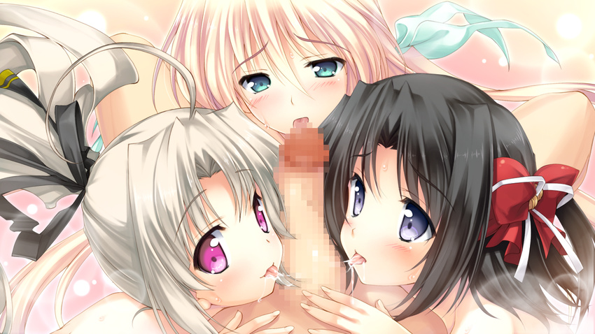 black_hair blonde_hair censored ermalit_de_blanchefort fellatio game_cg kamishiro_honoka love_2_quad naruse_hirofumi penis toudou_chitose