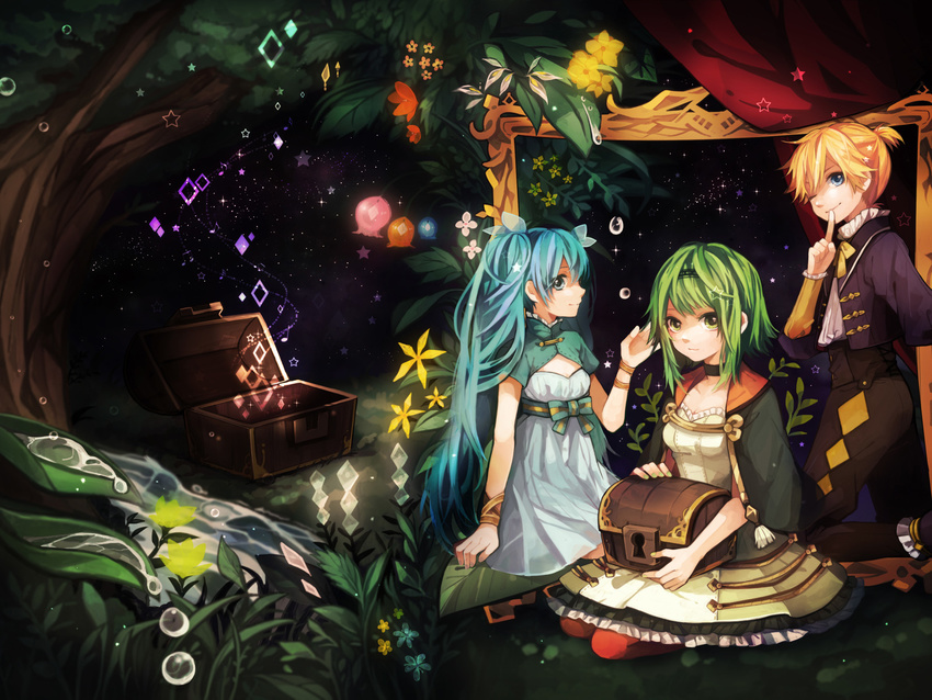 blonde_hair blue_eyes blue_hair bow dress flowers green_eyes green_hair gumi hatsune_miku kagamine_len long_hair night ribbons short_hair stars tama_(songe) tree vocaloid