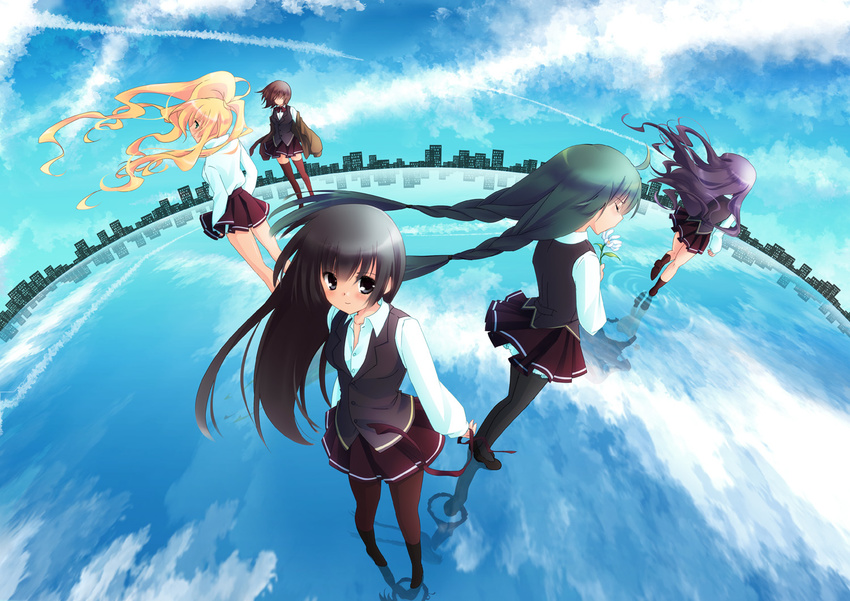 blush braids city clouds flowers long_hair miyako910724 original ribbons seifuku sky thighhighs water