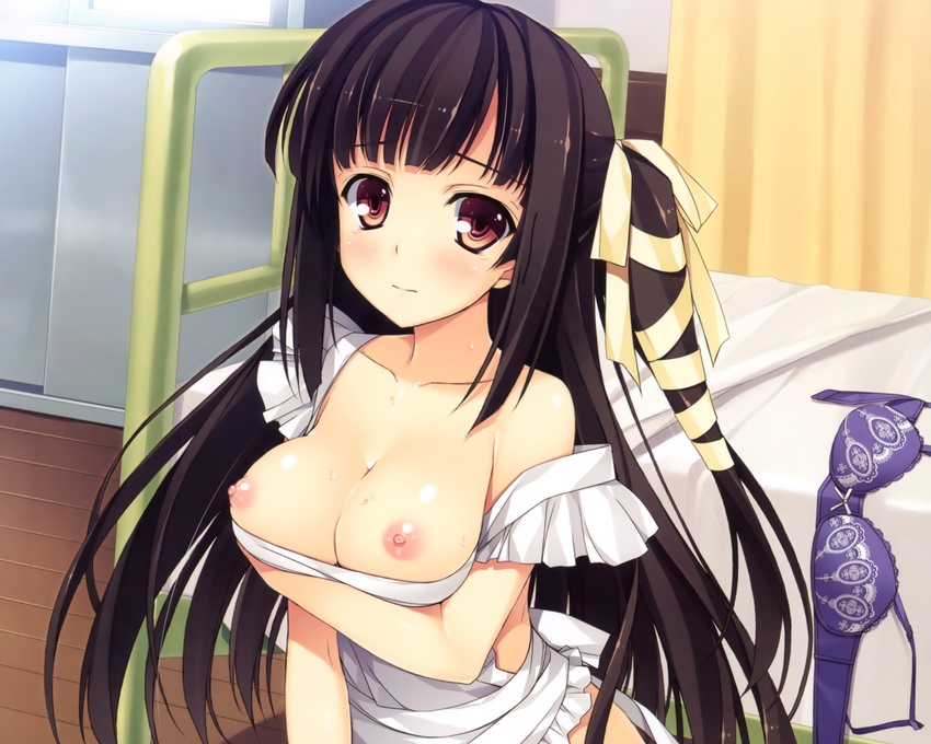 black_hair blush bra breast_hold breasts effordom_soft koikishi_purely_kiss naked_apron nipples no_bra shidou_mana underwear wet yuuki_hagure