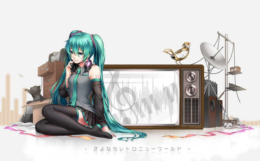 animal aqua_eyes aqua_hair bird book butterfly cat hatsune_miku headphones hinase_kanoto long_hair ribbons skirt thighhighs twintails vocaloid