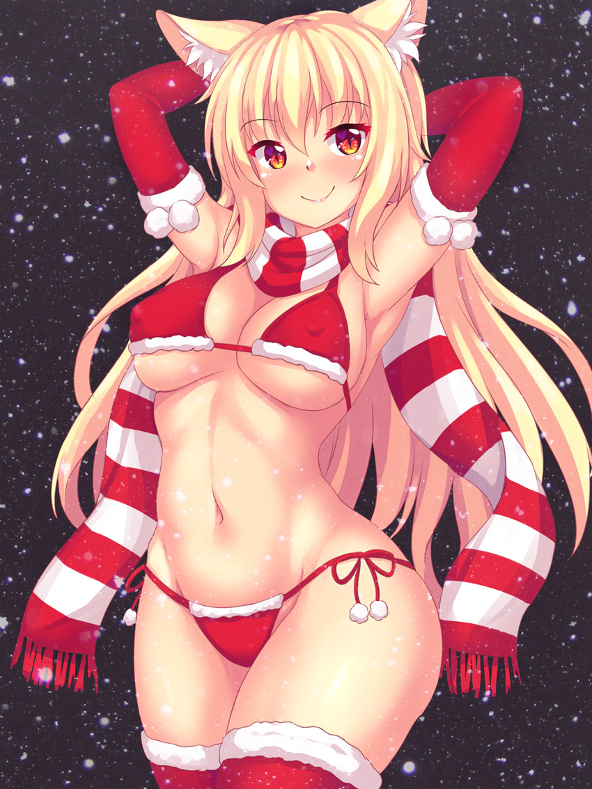 animal_ears armpits arms_behind_head arms_up bangs bikini blonde_hair bra breasts cat_ears covered_nipples cowboy_shot dark_background detached_sleeves elbow_gloves eyebrows_visible_through_hair fast-runner-2024 gloves highres hips large_breasts long_hair looking_at_viewer navel original red_bra red_eyes red_scarf scarf side-tie_bikini simple_background smile snowing solo striped striped_scarf swimsuit thighhighs thighs tiffy underwear white_scarf