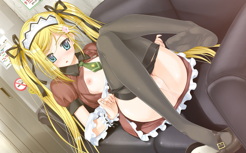 blonde_hair blue_eyes censored happoubi_jin kanojo_x_kanojo_x_kanojo long_hair nipples open_shirt orifushi_mafuyu panties panty_pull ribbons thighhighs tie twintails underwear