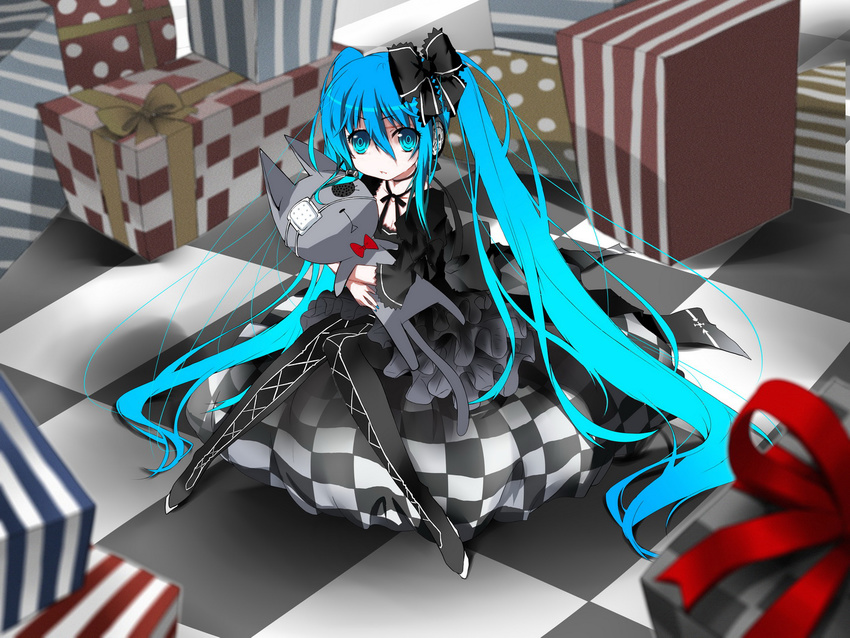 animal aqua_eyes aqua_hair cat dress goth-loli hatsune_miku jpeg_artifacts ribbons saru twintails vocaloid