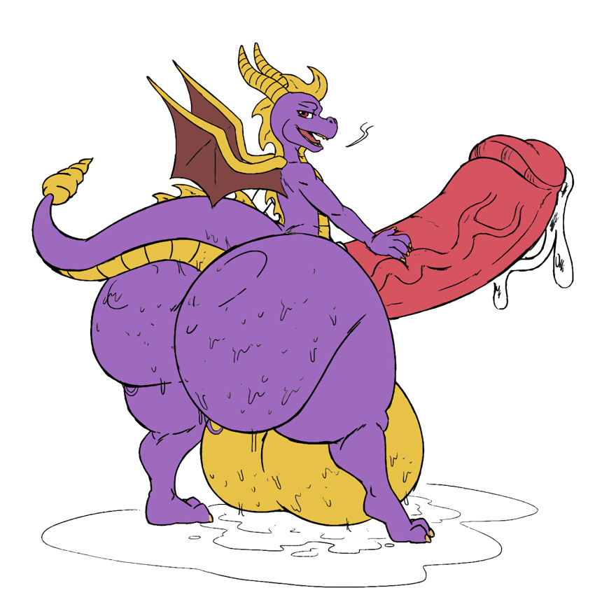 anthro balls big_balls big_butt butt girly huge_balls huge_butt hyper hyper_balls hyper_butt hyper_penis looking_at_viewer looking_back male min penis precum rear_view solo spyro spyro_the_dragon sweat video_games wings