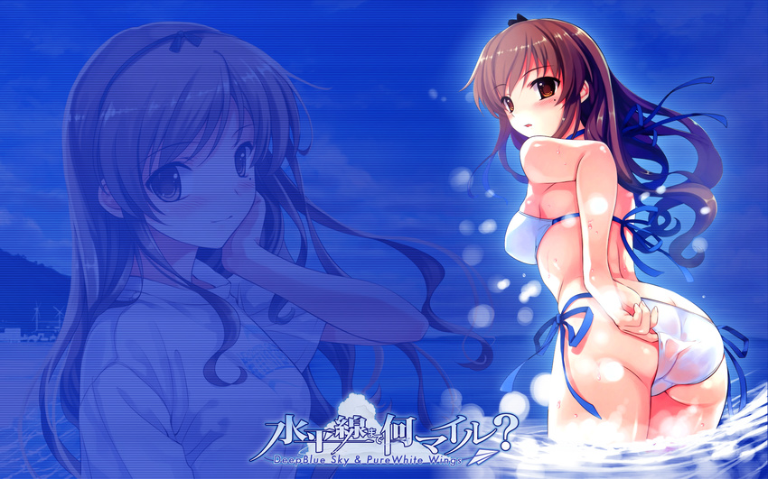 abhar ass bikini blush clouds deep_blue_sky_&amp;_pure_white_wings headband long_hair misaki_kurehito nakano_hinata orange_eyes ribbons see_through shirt sky swimsuit water wet