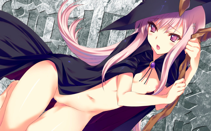 breasts kawata_hisashi lucy_maria_misora navel nude photoshop pink_eyes pink_hair staff to_heart to_heart_2 witch