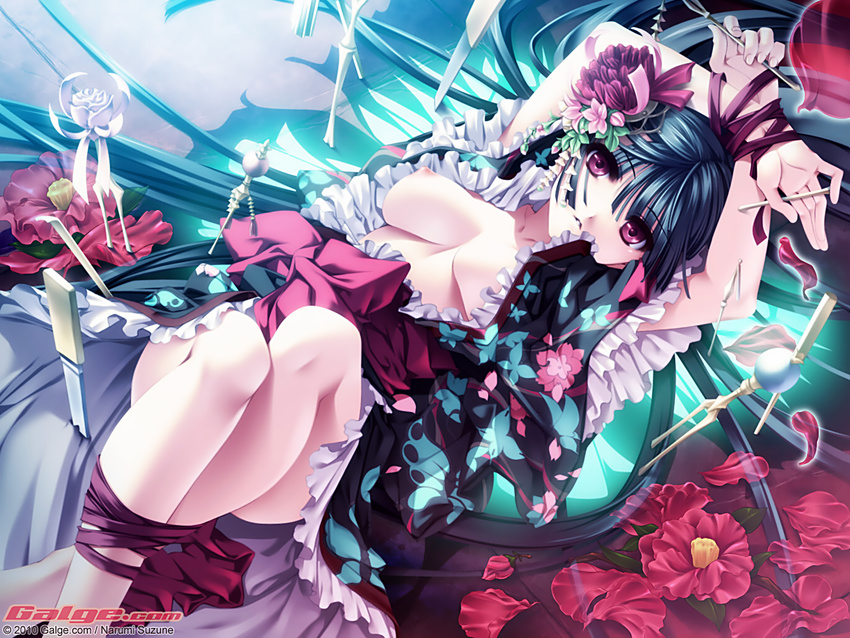 black_hair breasts flowers galge.com long_hair narumi_suzune nipples open_shirt red_eyes