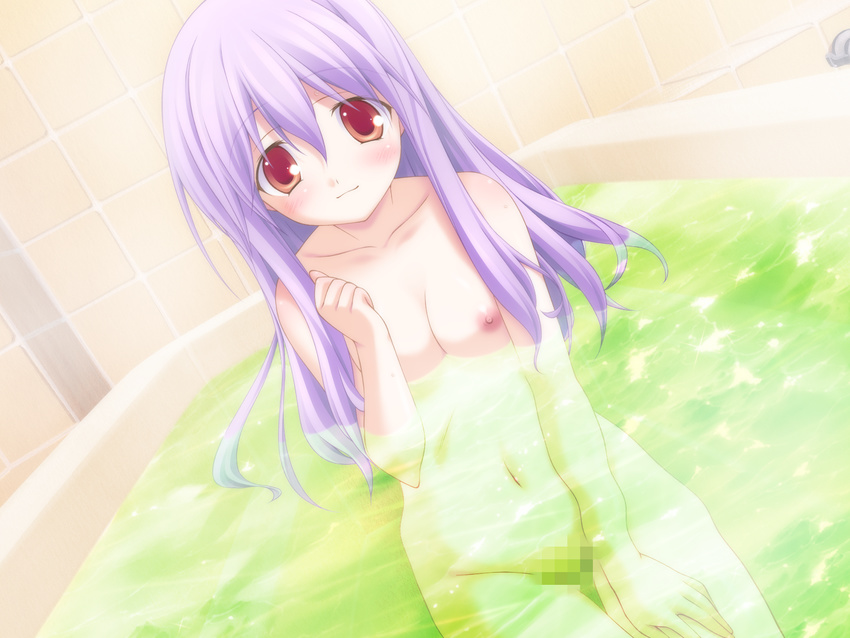 bath censored game_cg nipples purple_hair red_eyes valentine_pink