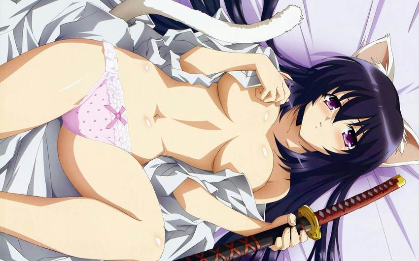 animal_ears catgirl himari isono_satoshi katana long_hair navel no_bra omamori_himari open_shirt panties purple_eyes purple_hair sword tail underwear weapon